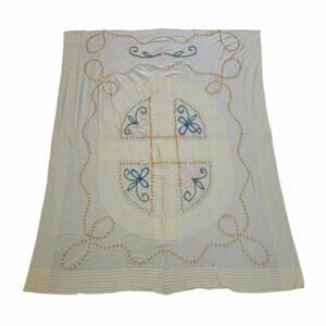 Vintage Pale Yellow Chenille Full Bedspread Coverlet Tufting Embroidered Floral